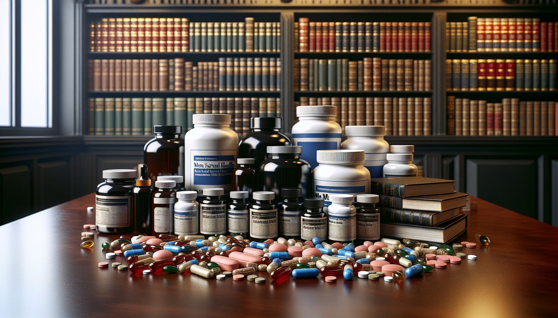 An array of men's sexual health supplements on a table